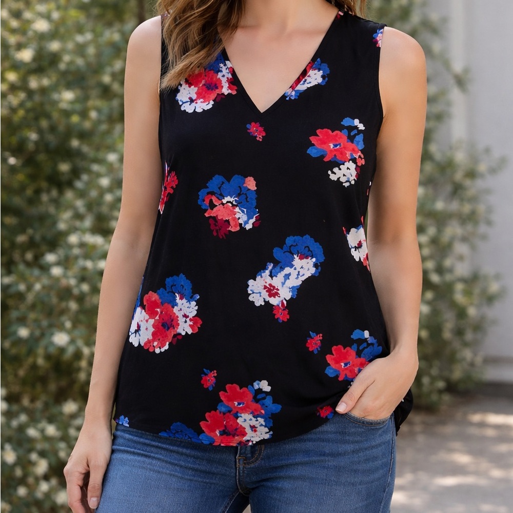 Vince Camuto Black Blouse with Red and Blue Floral Print